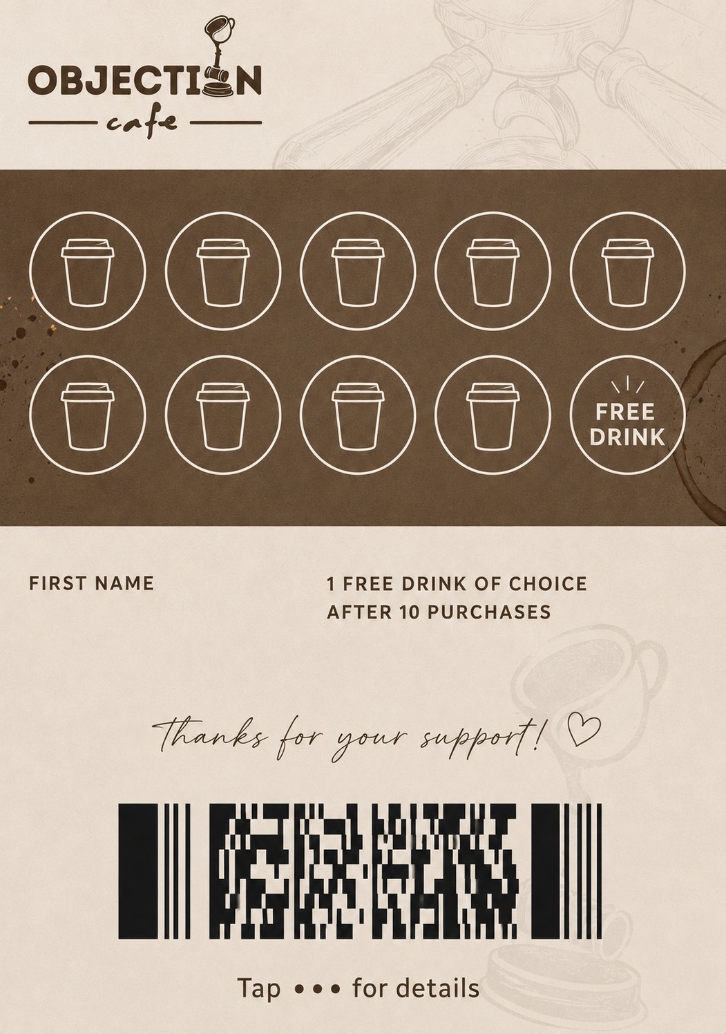 The Objection Cafe loyalty card, 10 stamps for a free drink