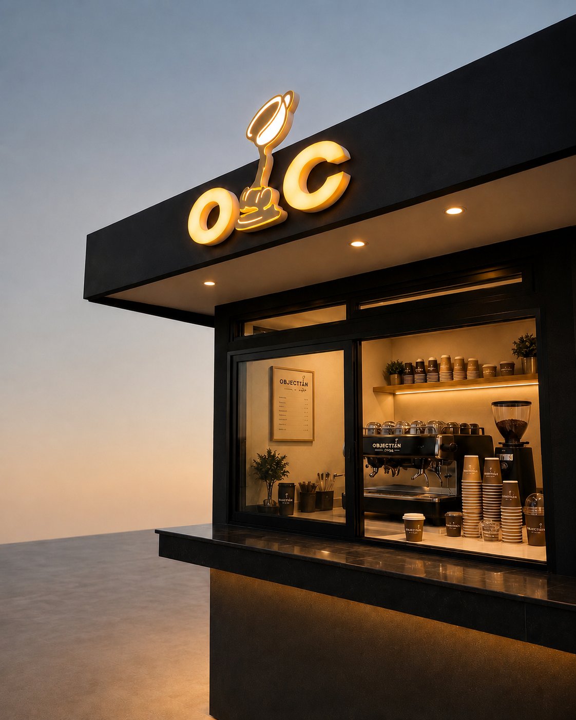 Rendering of the Objection Cafe storefront with illuminated O-gavel-C sign